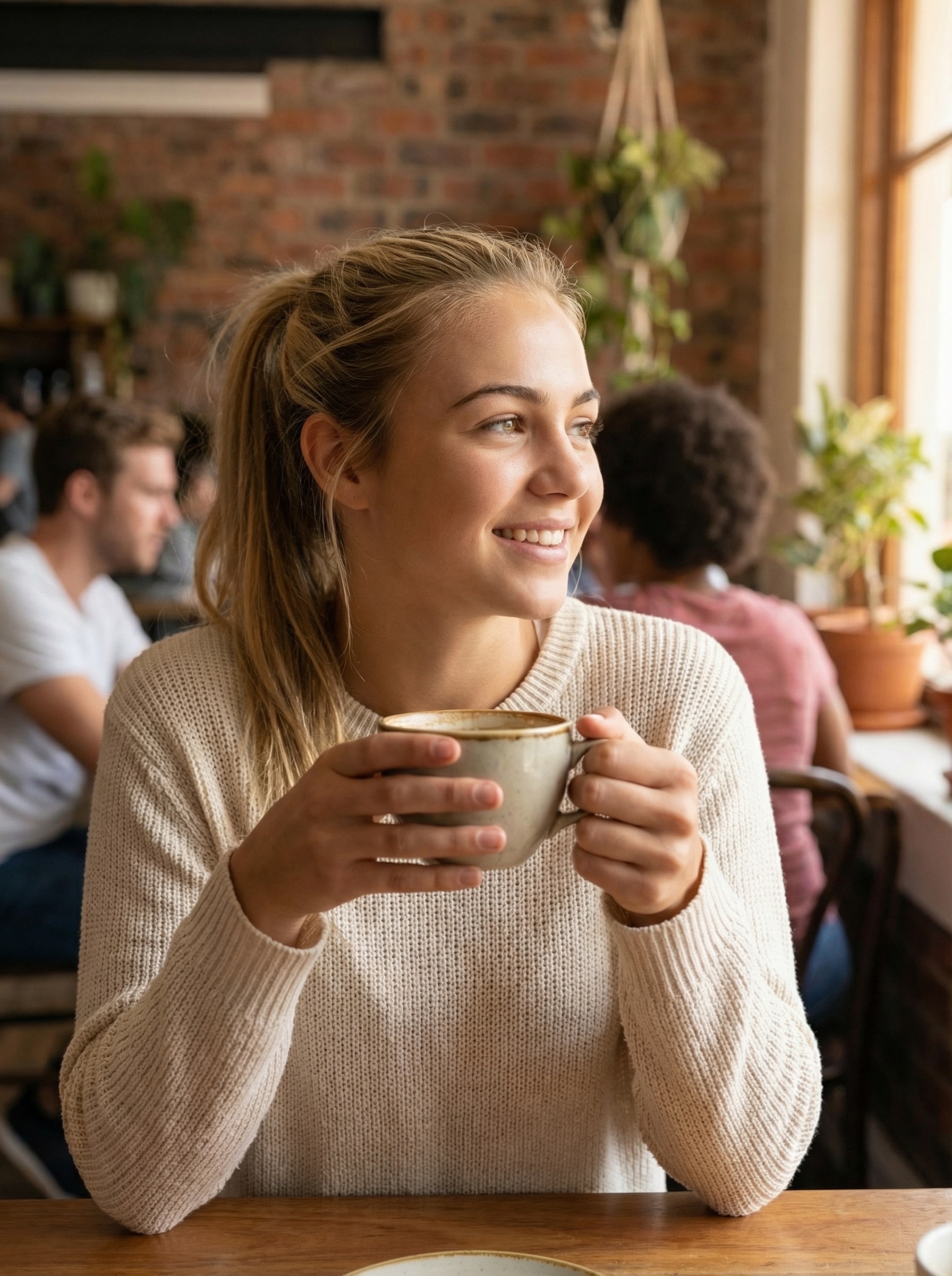 AI-generated dating profile photo in a cozy cafe setting