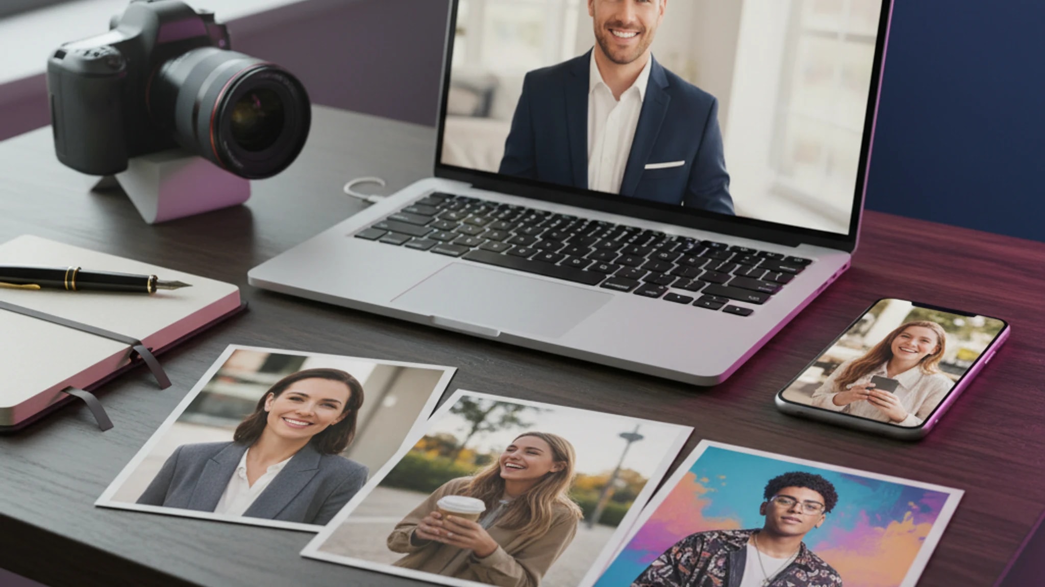 Editorial workspace scene showing a laptop, phone, and printed portrait proofs representing professional, dating, and creator photo use cases