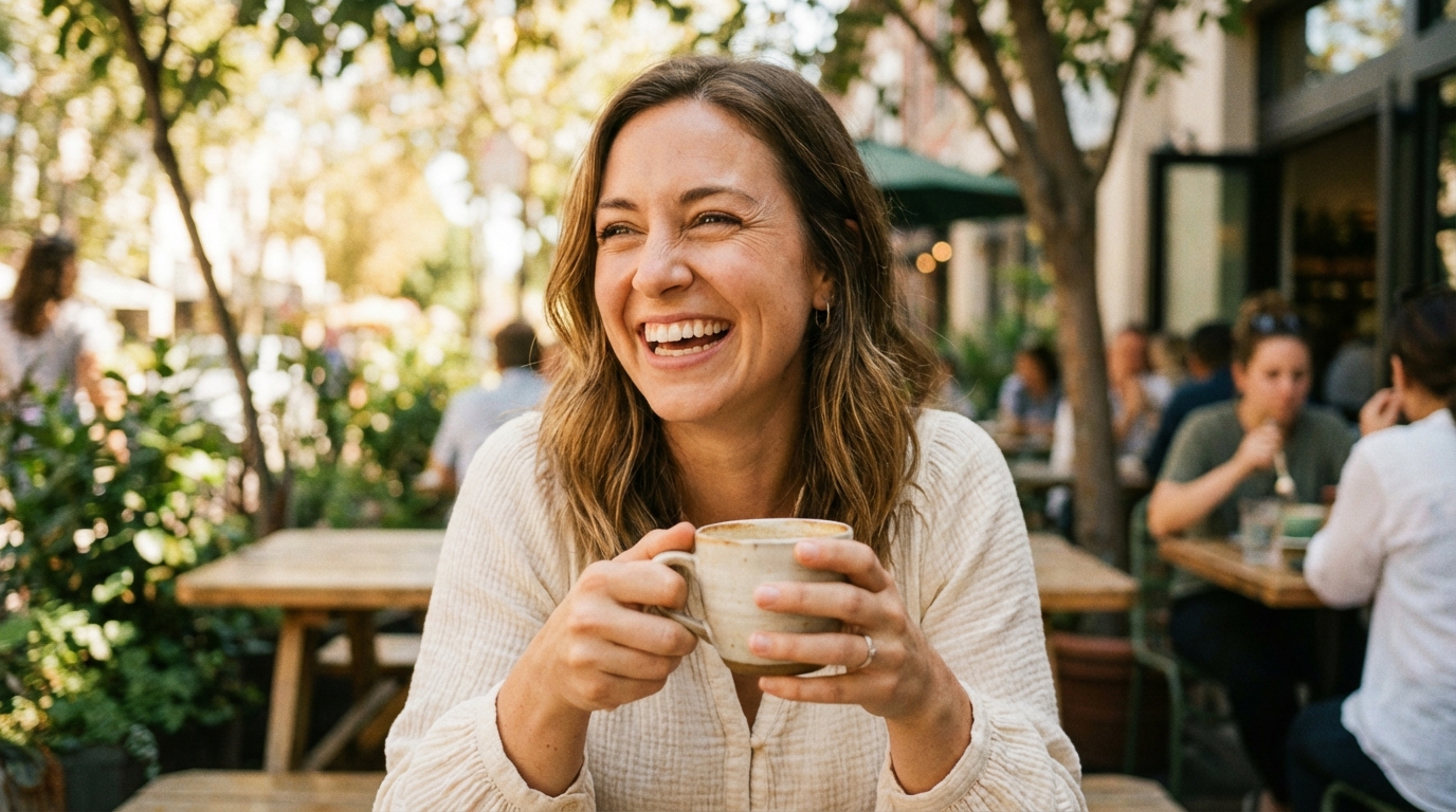 Woman laughing naturally at outdoor cafe, perfect Bumble profile photo