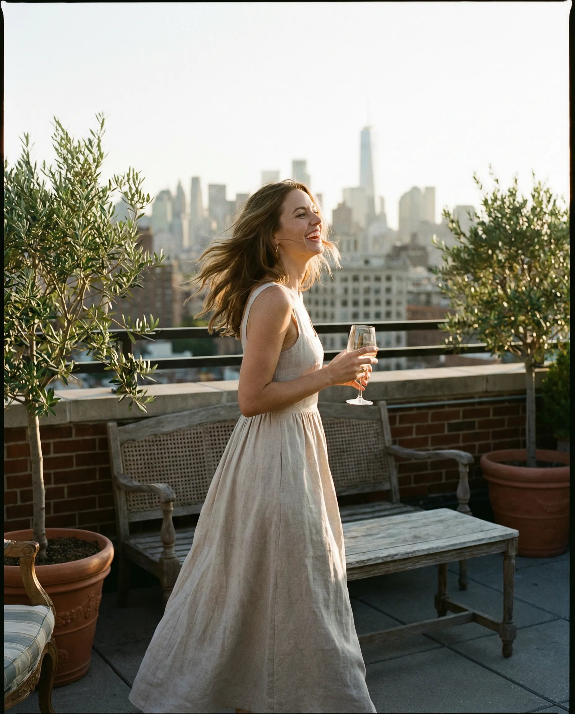 AI-generated dating photo urban rooftop golden hour