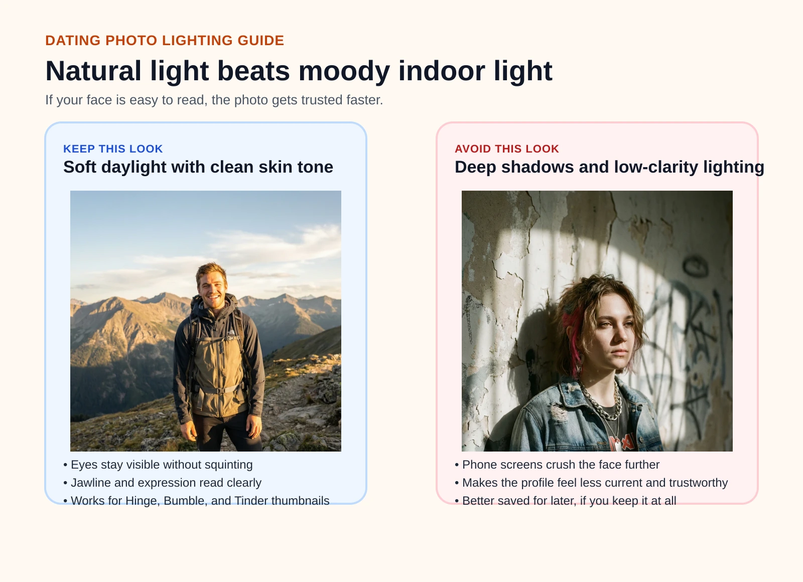 Lighting comparison board showing why natural light works best for dating profile photos