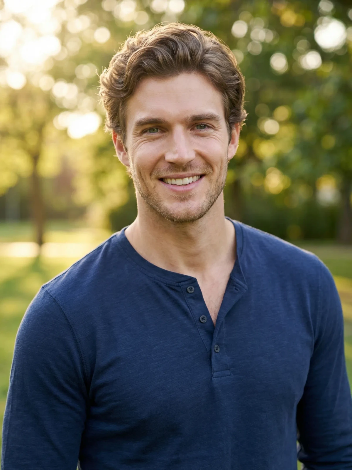 Dating profile opener example with a clear solo face, warm expression, and natural light