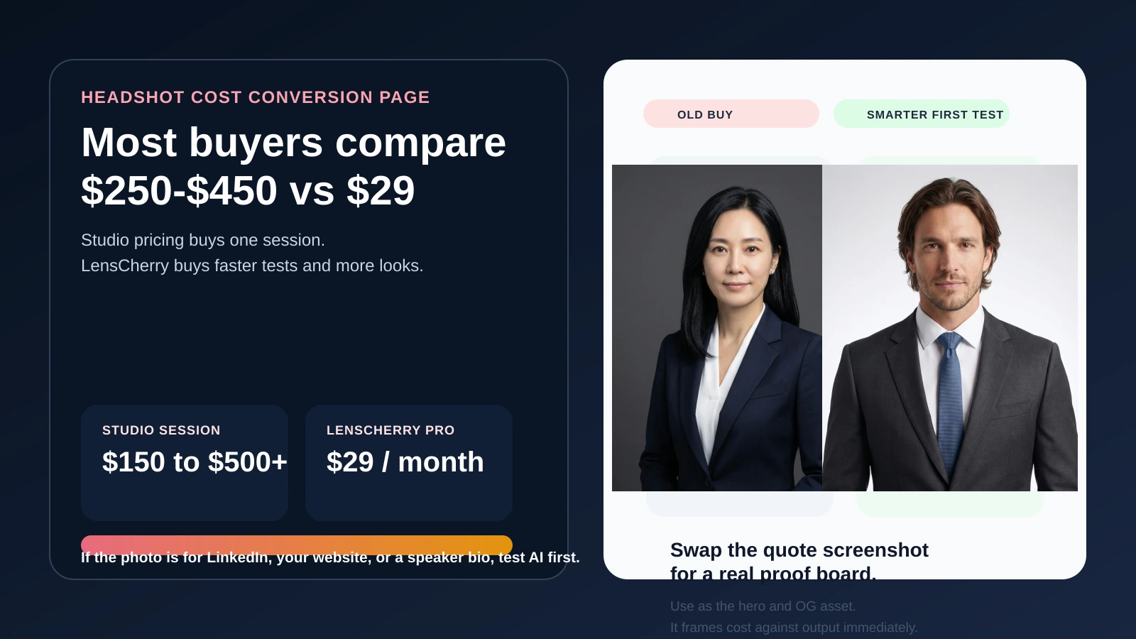 Comparison board showing the cost tradeoff between a professional studio headshot session and LensCherry Pro