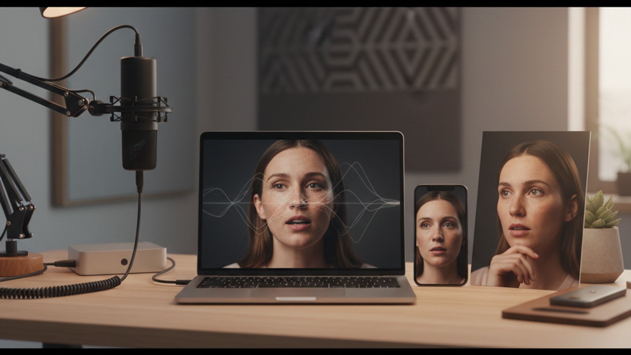 Editorial creator workspace showing a laptop, phone, microphone, and portrait image representing AI talking photo workflows